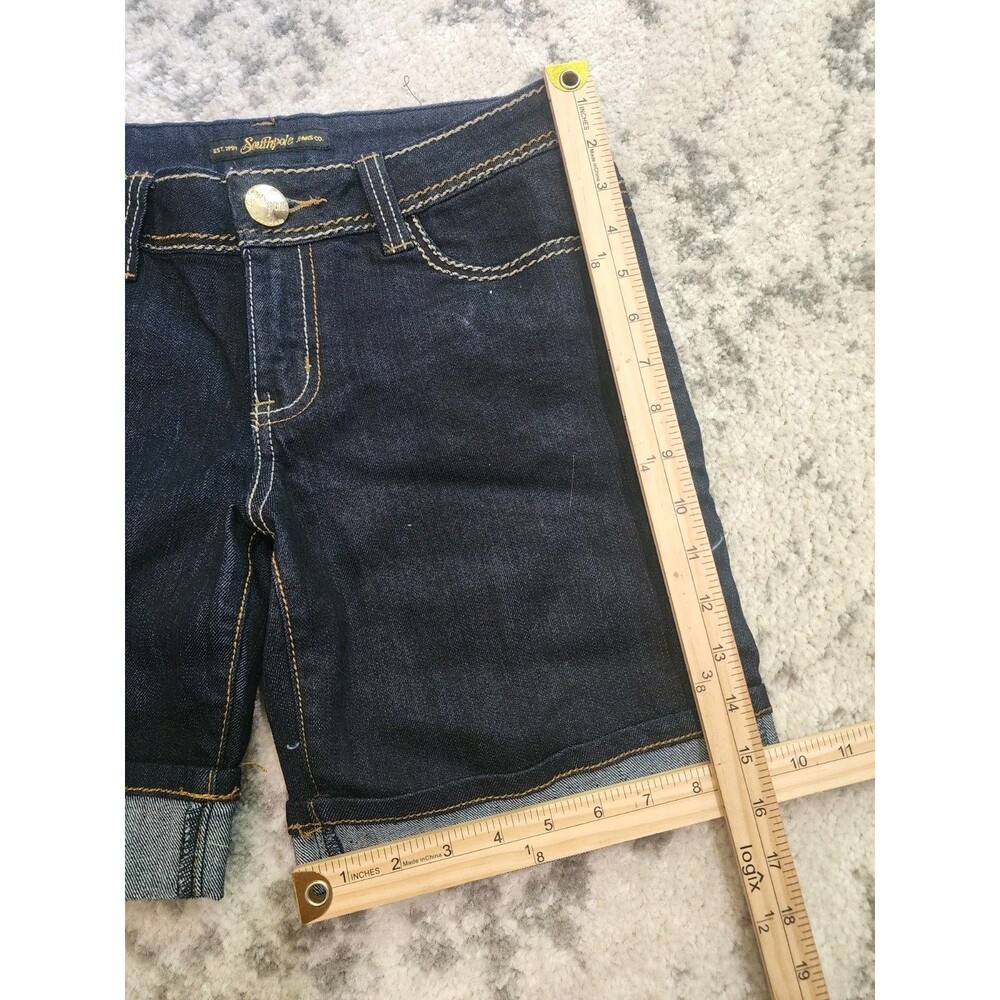 SOUTHPOLE Jean Shorts Womens Dark Blue Wash Hip Hop Y2K Embroidered Size 9 - Picture 2 of 9